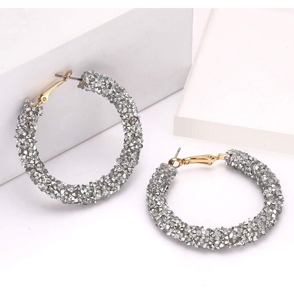 Glitter Hoop Earrings Bohemian Sparkle Resin Rhinestone Wrapped Hoop Dangle Earr - Picture 3 of 6